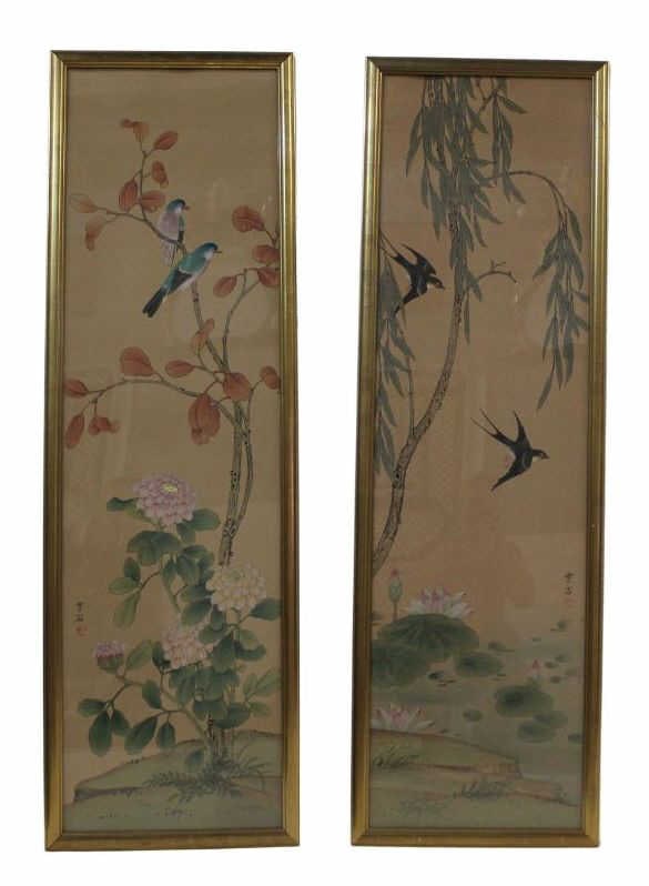 (2) Signed Wong? Chinese Panels of Birds.: (2) signed Wong? framed Chinese panels featuring birds set amongst foliage. Each piece displays a sticker verso reading, "Lotus, Willow & Sparrow by Wong" and, "Bluebird and Dahlia 