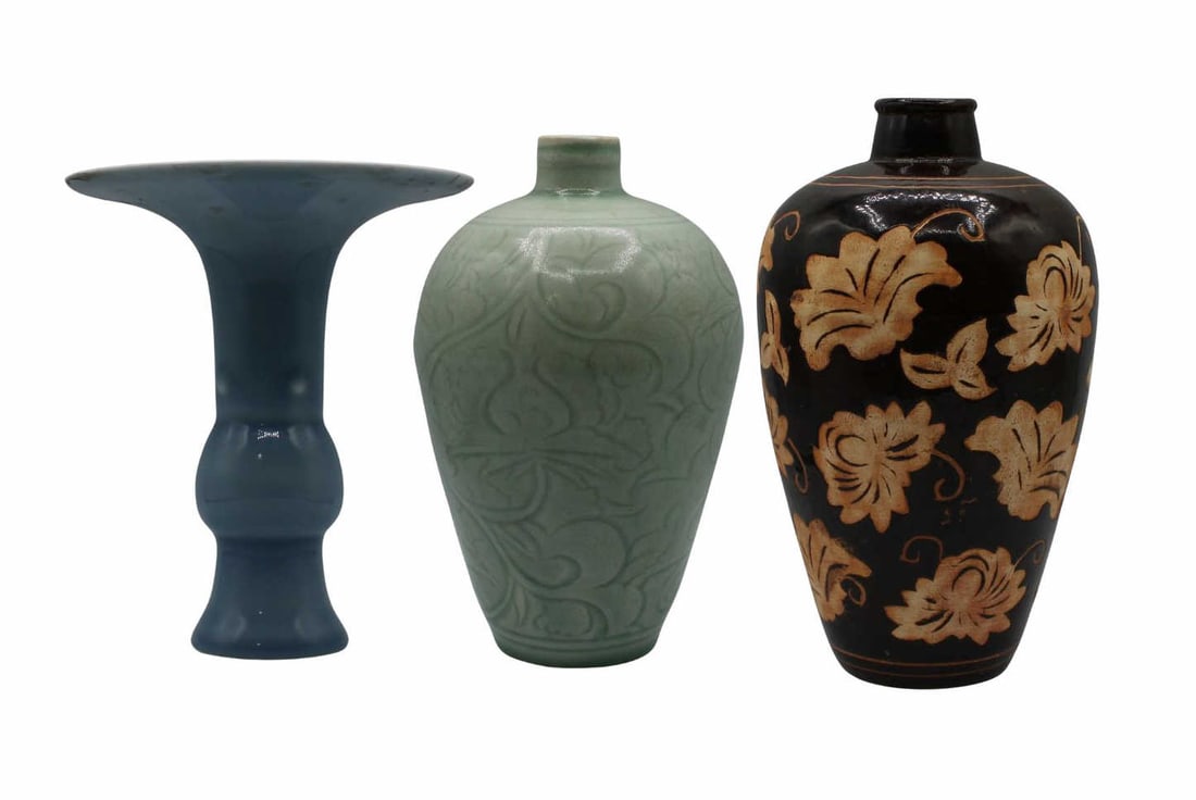 Collection of 3 Chinese Porcelain Vases.: Chinese porcelain light blue gu form vase with oversized rim - underside bears a blue 4-character mark on the underside; Chinese incised floral and vine celadon vase; and a Chinese brown glaze vase wi