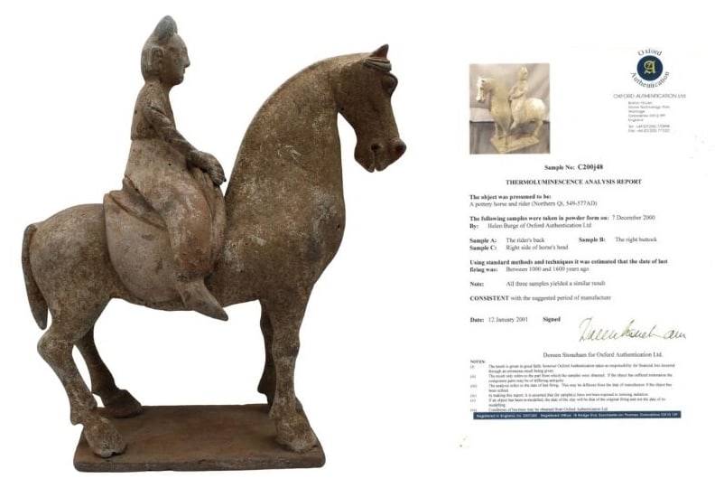 Chinese Pottery Horse and Rider with Age Analysis.: Chinese pottery horse and rider from northern Qi, estimated from 549-577 AD. Accompanied by an Oxford certification to verify age, dated 1/12/2001. The man can be detached and reattached to the horse.