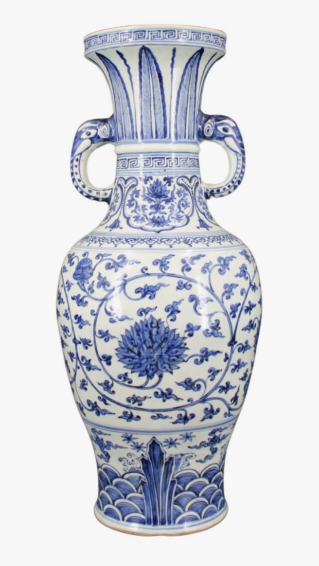 Large Chinese Porcelain Elephant Vase.: Large Chinese porcelain elephant vase decorated in varying foliage, square-pattern line work with elephant head and trunk handles. From a Great Neck, NY estate. Dimensions: approx. 23.75" h x 10.
