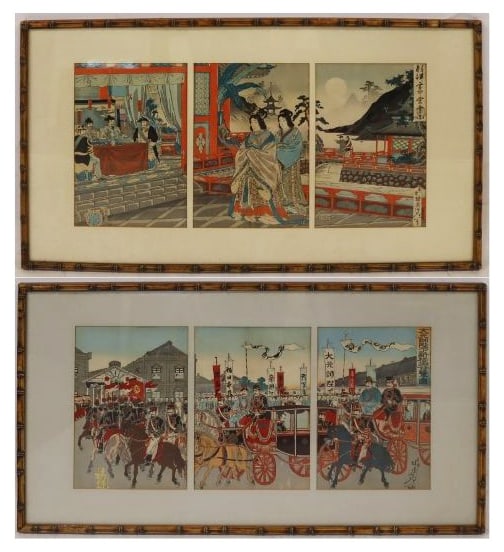 (2) Nobukazu Japanese Woodblock Print Triptyches. (1 of 20)