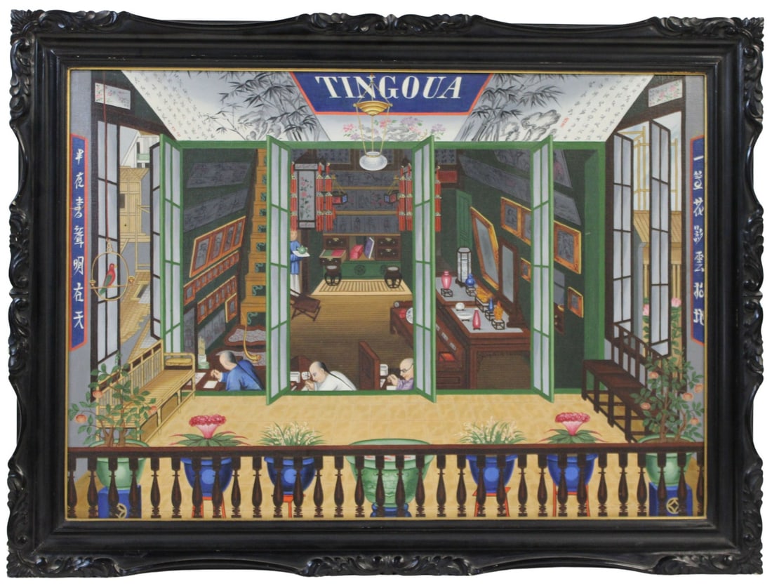 TINGQUA Style Oil on Canvas of Interior Scene.: Tingqua style oil on canvas of an interior scene of painters in the Tingqua Studio. From a Larchmont, NY estate. Dimensions: sight measures approx. 23.25" h x 33.125" w; frame measures appro