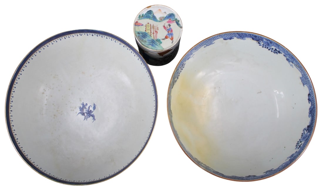 (2) Chinese Export Punch Bowls & Lidded Box.: Chinese ceramic box with lid depicting figures on horseback. The piece features decorated enamel with mountainous background on the exterior and lid. "#22RCB" is written on the interior of t