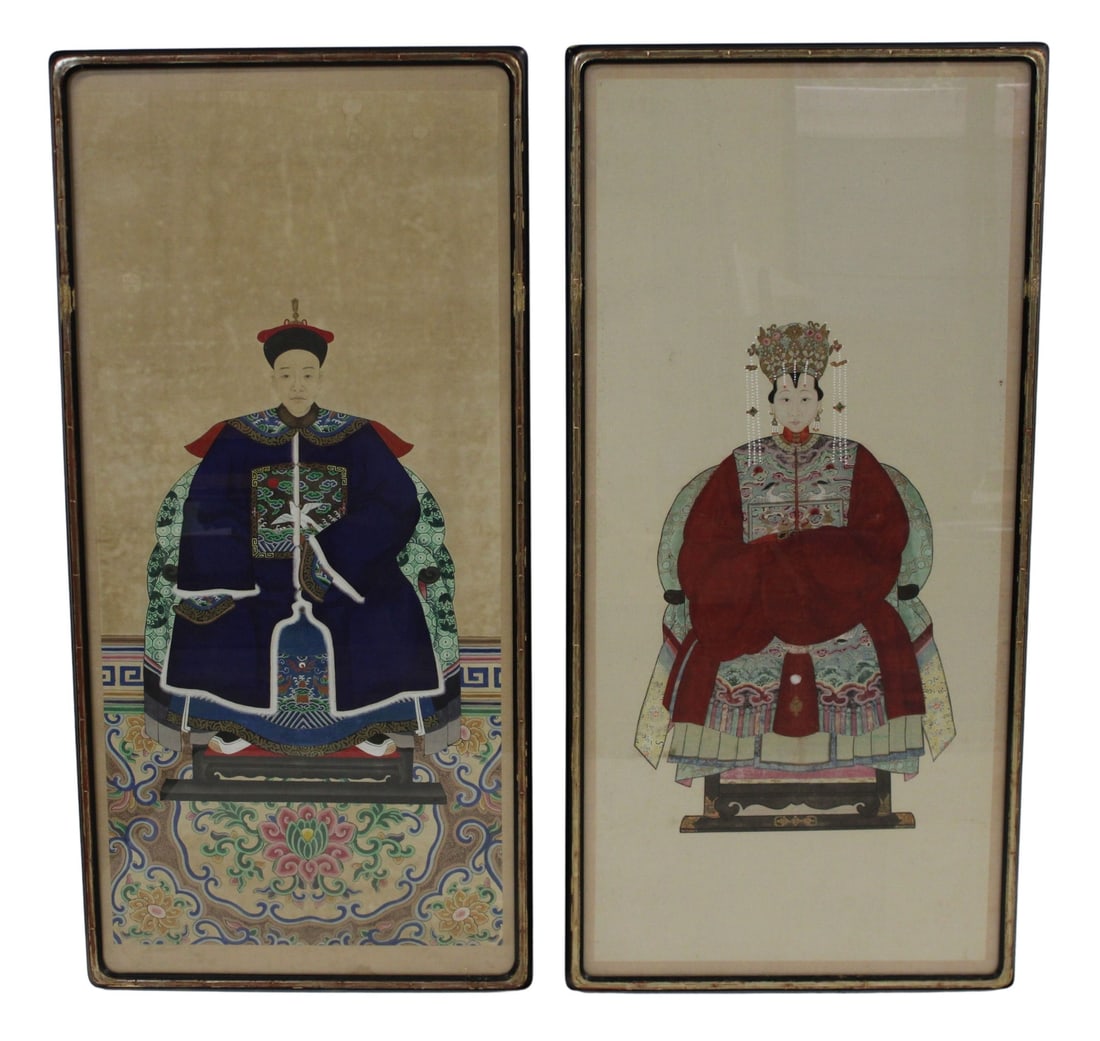 Pair of Chinese Ancestral Portraits in Thrones.: (1) Chinese painting of a figure in red wearing formal headwear and attire, sitting in their throne. Textured border around painting; and (1) Chinese painting of a figure in blue, sitting on their thr