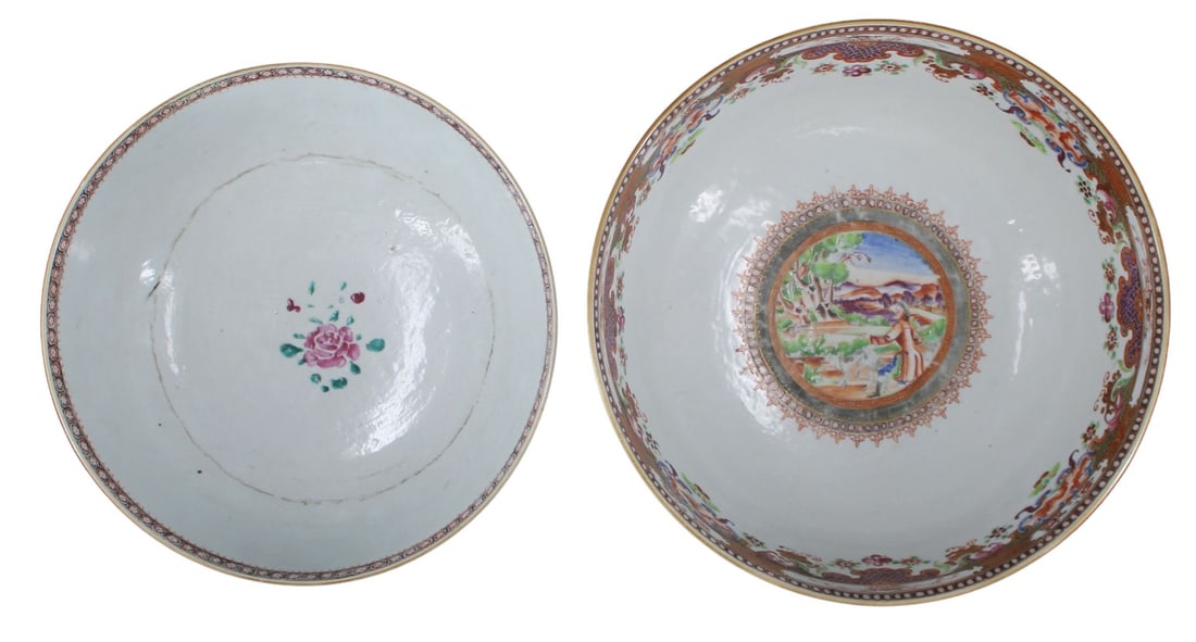 (2) Chinese Export Punch Bowls One with Repairs. (1 of 20)