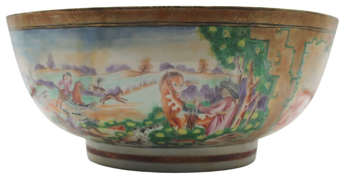 Chinese Export Bowl with Figures on Horseback.: Chinese ceramic bowl featuring scenes of figures on horseback throughout the exterior. Interior features 3 black wavy lines & a depiction of a house on the base interior. From an Amenia, NY estate