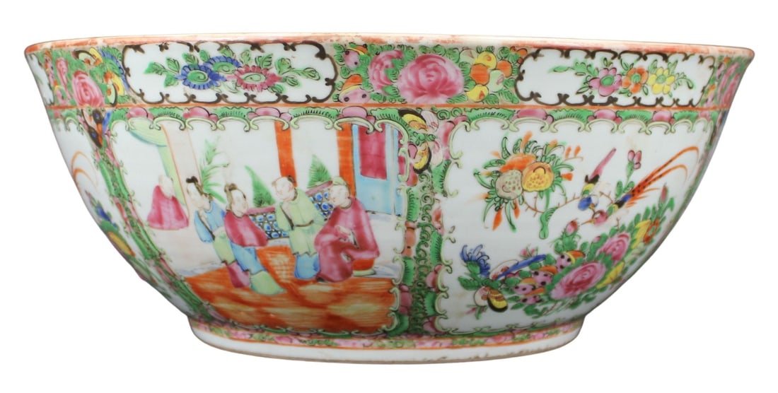 Chinese Rose Medallion Punch Bowl.: Chinese rose medallion punch bowl decorated in multicolored enamel. Pink rose petals and green leaves are depicted throughout as well as additional foliage, people and wildlife. From an Amenia, NY est