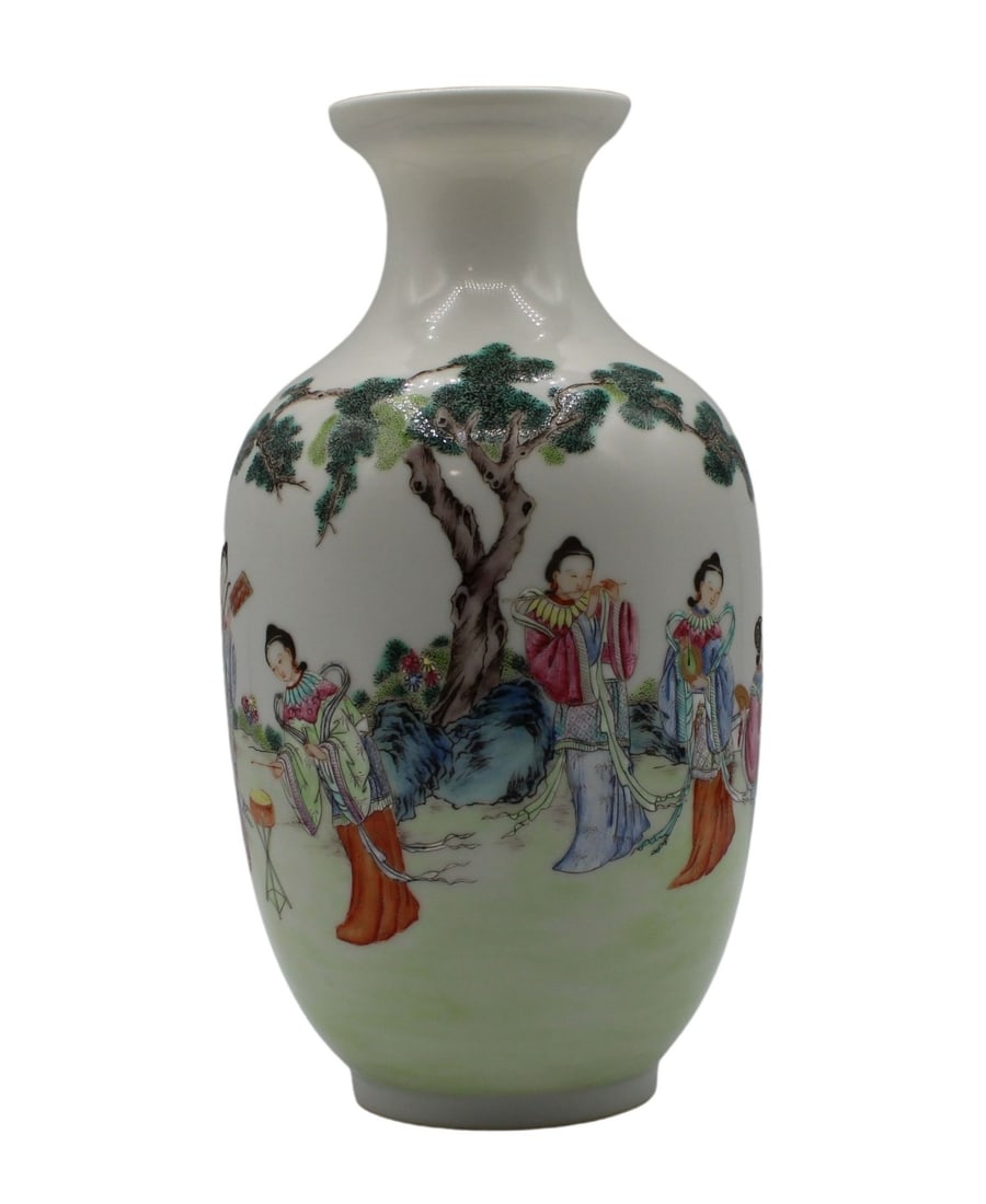 Chinese Famille Rose Vase with Multiple Women.: Chinese Famille rose porcelain vase with multiple women practicing various arts on the exterior. These women are depicted outside enjoying or playing music under a tree. There is a "P5" stic