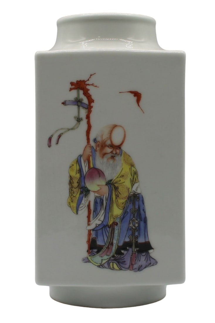 Chinese Rectangular Famille Rose Porcelain Vase.: Chinese rectangular shaped vase with two Chinese passages, a man and a woman on the sides. The top and bottom of the vase are circular with a red stained interior. There is a blue four-character mark 