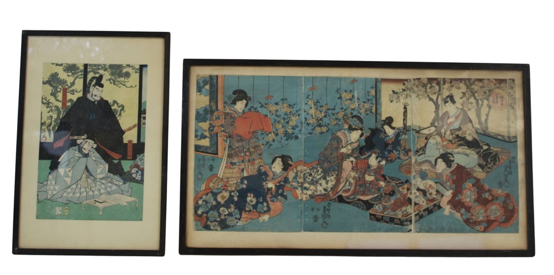 Japanese Framed Woodblock Triptych & Single Print. (1 of 20)