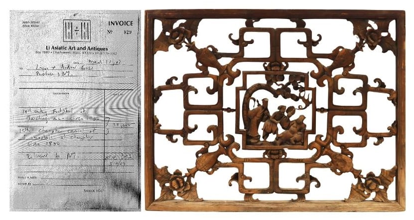 Large 19th C Chinese Camphor Wood Carving.: Accompanied by a copy of a Li Asiatic Art and Antiques March 11, 03 receipt stating is one, "19th C champer carving of 3 immortals of champer circa 1850". From a Purchase, NY estate. Dimensi