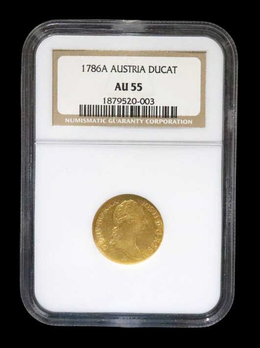 NUMISMATICS. 1786 A Austrian Ducat Gold Coin NGC.: 1786 A 1 Ducat Austria Francis Joseph I gold coin, struck in .9860 fine gold and certified AU55 (About Uncirculated) by NGC (KM# 1873).Total approx. weight of the coin is 3.49 grams (gross). From a