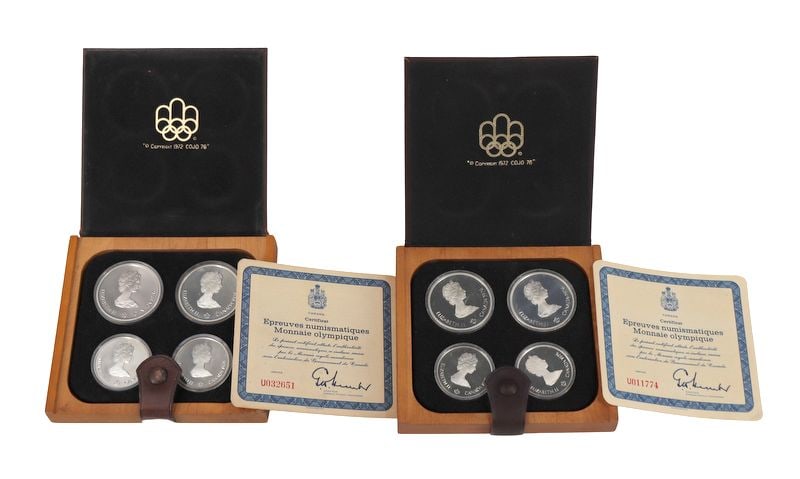 NUMISMATICS (2) 1976 Can 4-Coin Silver Montreal: Olympics Proof Sets. Including (2) 1976 $10 Proof Montreal Olympics Olympic Velodrome silver coins; (2) 1976 $10 Proof Montreal Olympics Olympic Stadium silver coins; (2) 1976 $5 Proof Montreal Olympi