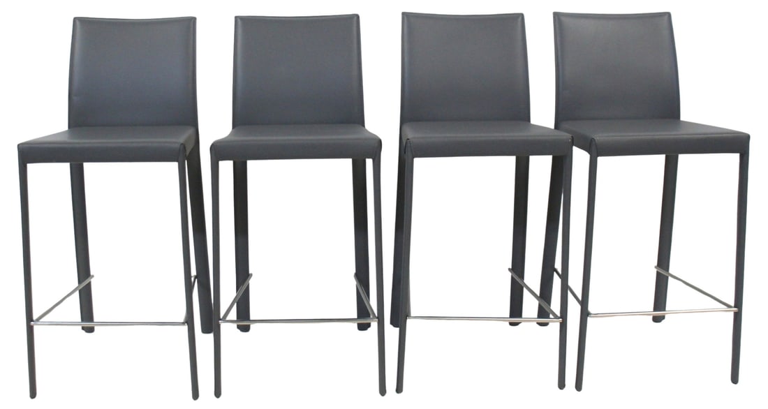 Set of 4 Modernist Leather & Chrome Stools.: From a Westchester County, NY estate. - Dimensions: 37.5" h x 16" w x 20" d.