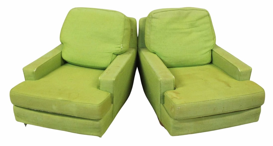 DUNBAR Signed Pair Of Upholstered Lounge Chairs: A great original pair with Dunbar label and raised on metal legs. According to the Consignor these are from Landis Gores house in New Canaan Ct. From a CT estate. - Dimensions: 31" h x 30.50" w x 39" 