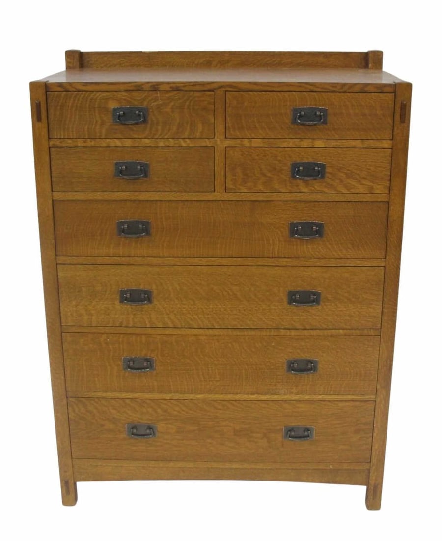 STICKLET AUDI Oak Arts & Crafts Style Dresser: A nice 8 drawer dresser signed. From a Stamford, CT estate. - Dimensions: 54" h x 40" w x 20" d.