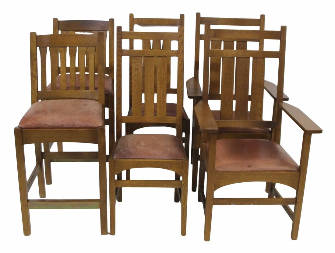 STICKLEY AUDI Lot Of Chairs.: To include a tall pair bar stools (42" h x 18.50" w x 18" d), and a pair of sides (43" h x 16.75" w x 16.50" d) and arm chairs (43.75"h x 24.75" w x 21"d).