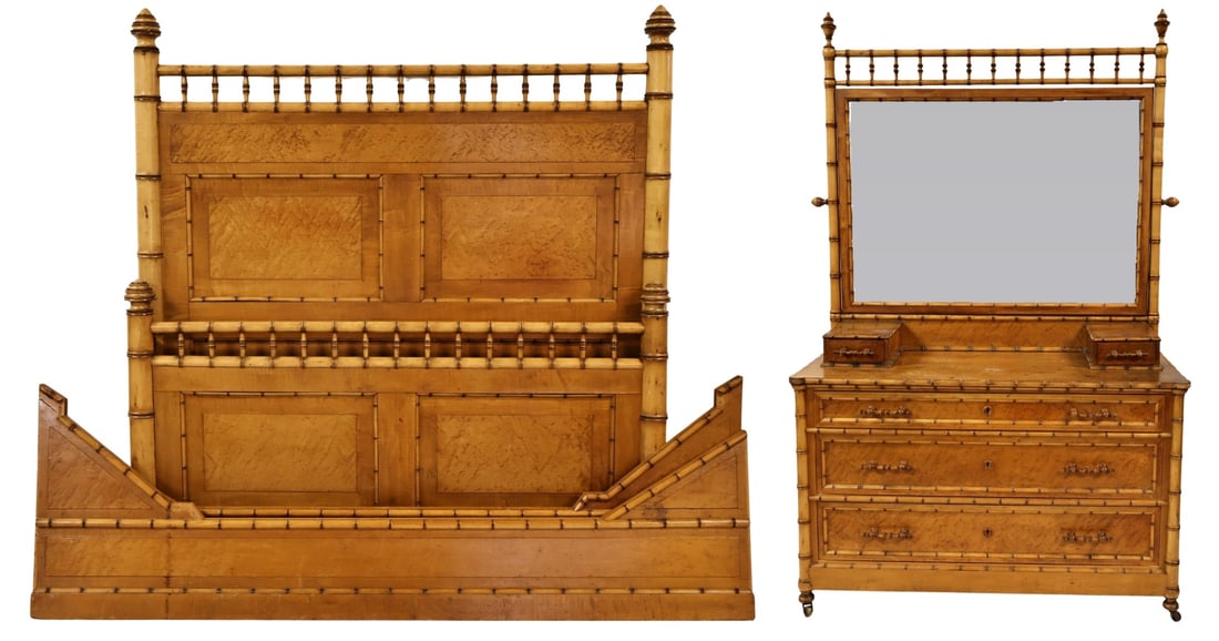 Antique American Maple Bamboo Dresser, Mirror & (1 of 9)