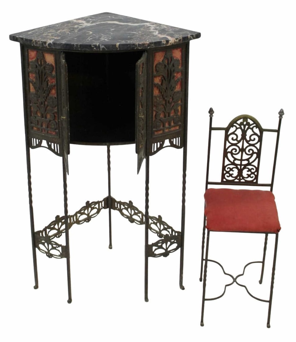 After Oscar Bach Bronze Marbletop Telephone Stand: & Chair. A nice original corner telephone stand (41.50" h x 26" w x 18" d) with thick marbletop and chair (30.50" h x 10.50" w). From a Long Island, NY estate.