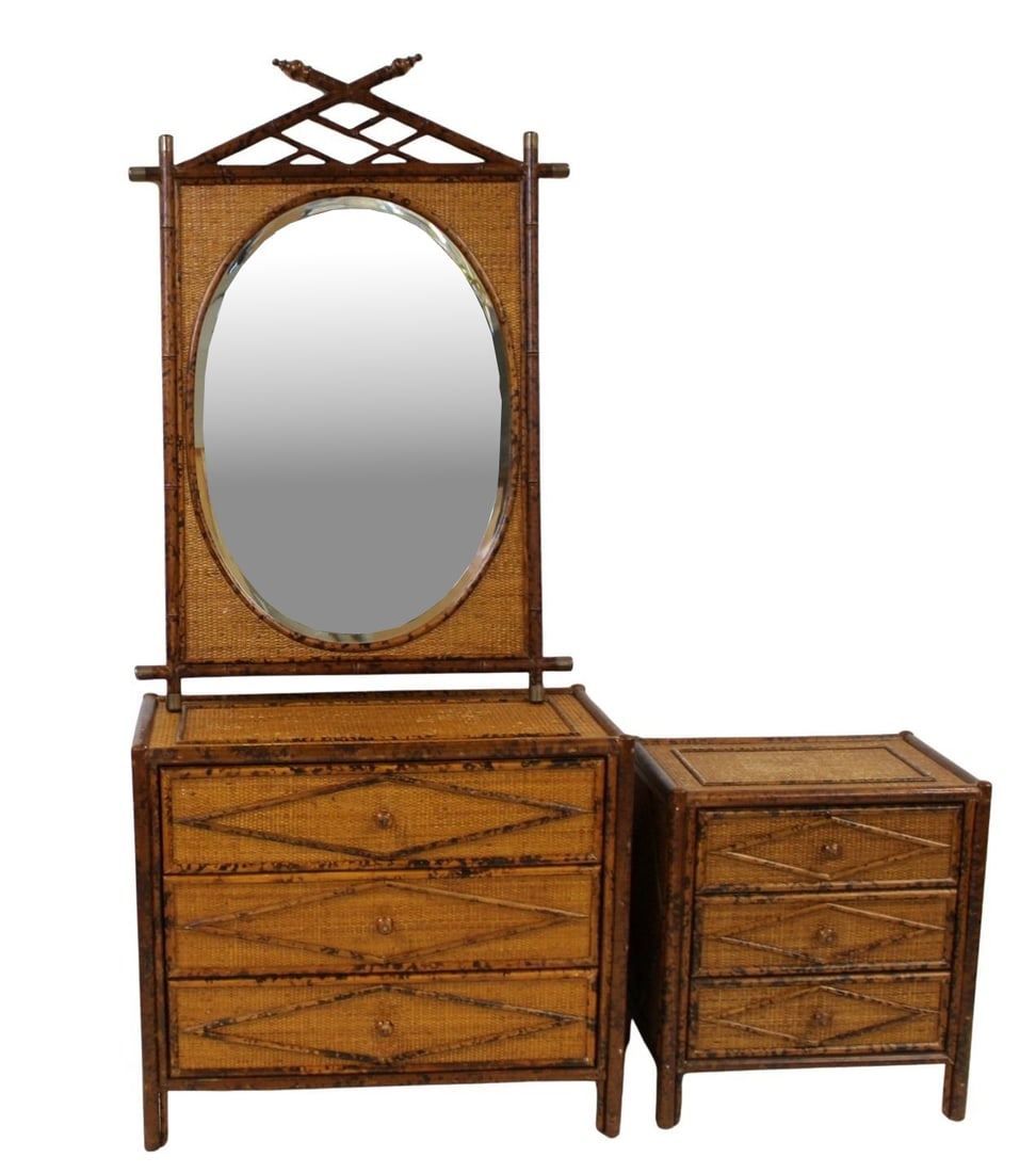Vintage Bamboo Bedroom Set: To include Dresser (31" h x 36" w x 18.5" d). Night Stand (26.50" h x 24.25" w x 17" d) & Mirror (50" h x 34.50" w). From a West Side NYC estate.