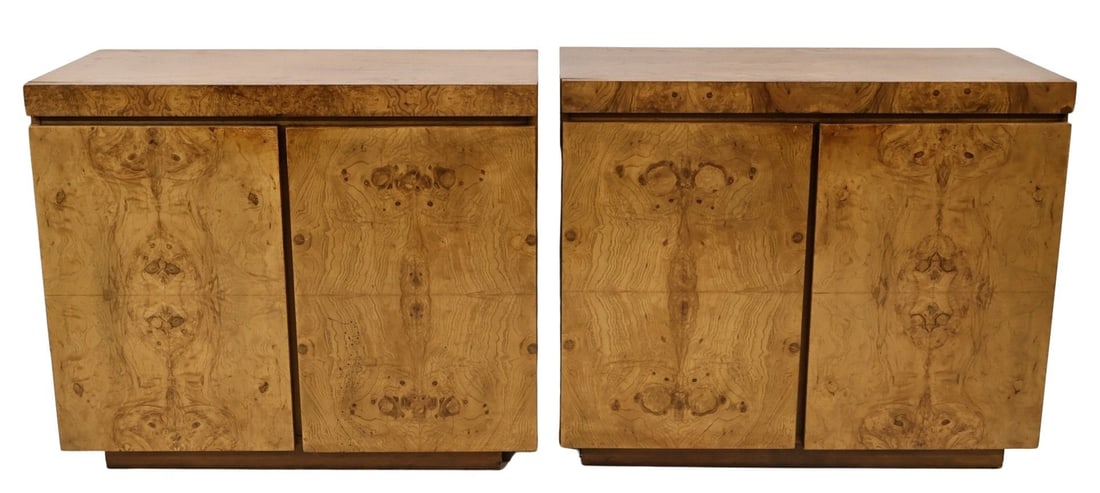 Midcentury Pair Of Cabinets Signed Lane: Cabinets. A great pair in burl walnut, 2 door with top that pulls out. From a Westchester County, NY estate. - Dimensions: 34.25" h x 40" w x 18" d