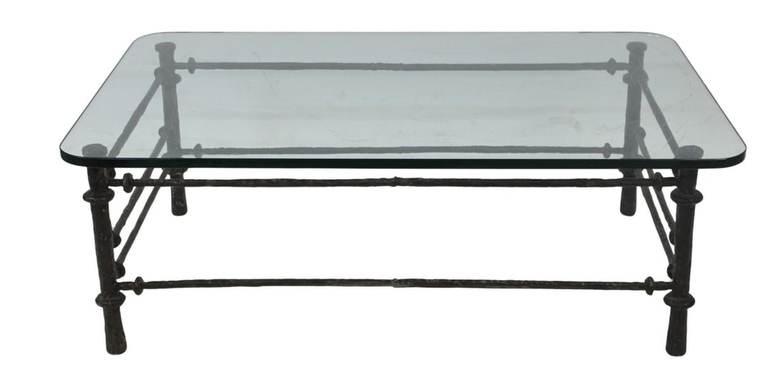 After Giacometti Vintage Patinated Metal Coffee: Table. From a Westchester County, NY estate. - Dimensions: Base: 15.5" h x 43.5" w x 26.5"d.