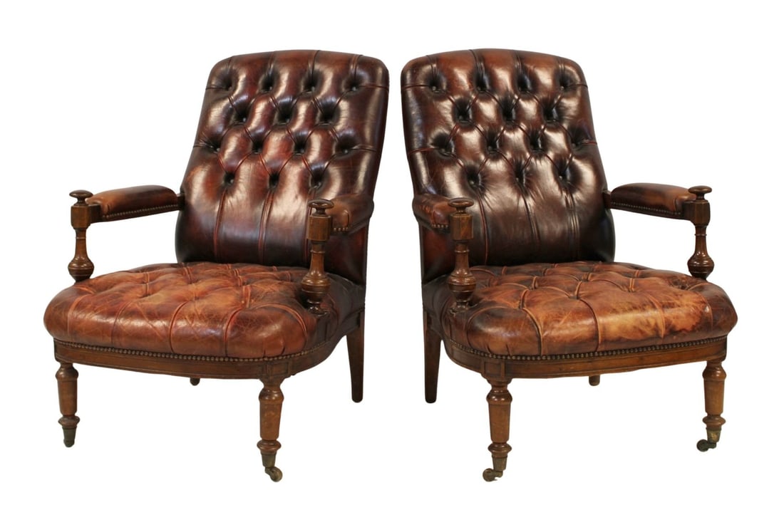 A Pair Of Fine Vintage English Leather Lounge: Chairs. A great pair with wonderful patina and tufted back. From a Purchase, NY estate. - Dimensions: 36" h x 27.5" w x 28" d.