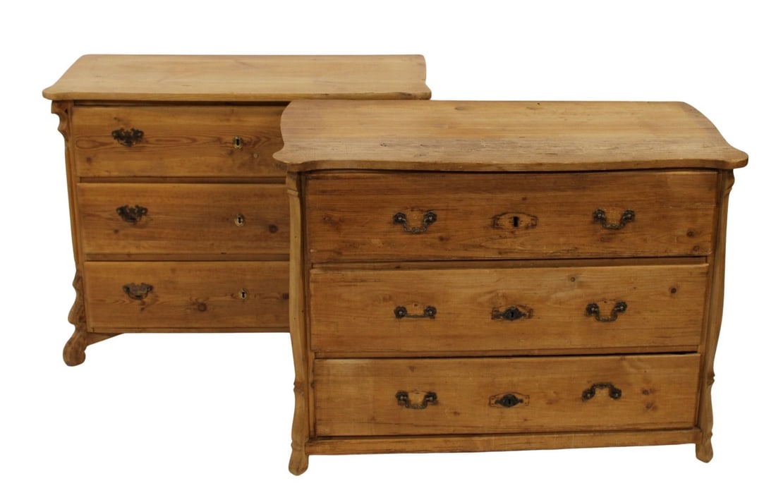 An Antique Pair Of Pine Chests.: Good age, 3-drawer with carved sides. From a Waccabuc, NY estate. - Dimensions: 32" h x 43" w x 21" d.