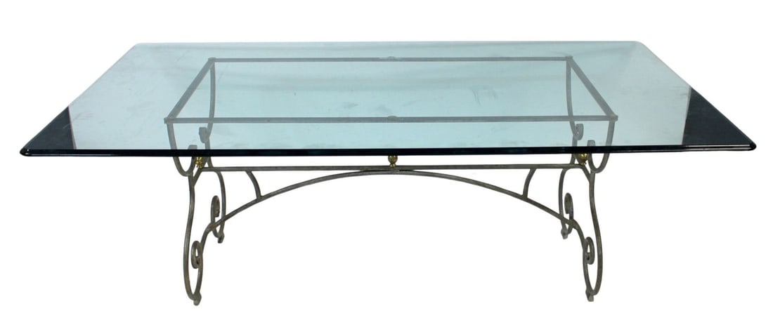 Vintage Neoclassical Style Steel & Brass Table.: Great quality table with beveled glass top. From a Waccabuc, NY estate. - Dimensions: Base: 28" h x 55" w x 28" d. Glass: 1" h