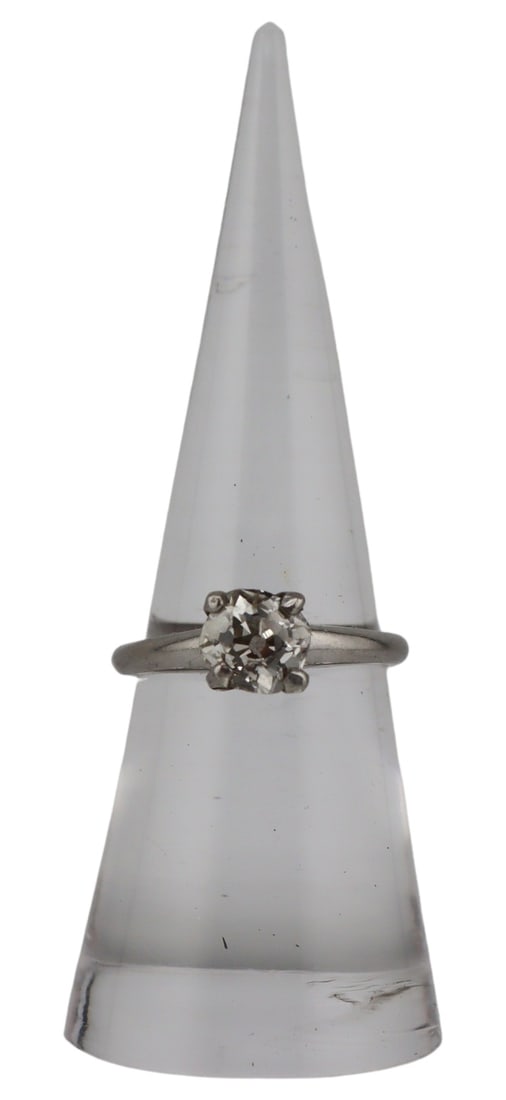 JEWELRY. Platinum and Old Mine Cut Diamond Ring.: Platinum and (4) prong basket set solitaire Old Mine cut diamond ring. Diamond measures approx. 7.1mm x 6.6mm. Stamped, "10% Irid Plat". Total approx. weight of the ring is 3.6 dwt (gross). 