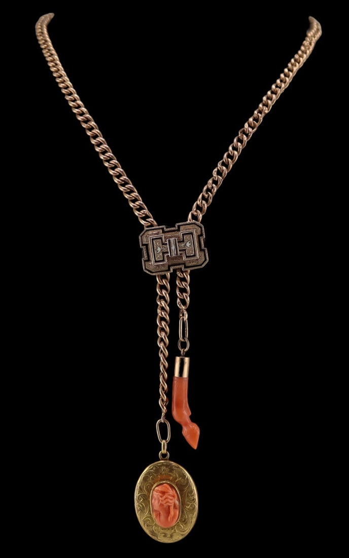 JEWELRY. Victorian Gold and Salmon Coral Necklace.: Collection of gold Victorian jewelry combined to create an incredible antique necklace including a 14kt gold fob chain converted to a necklace by combing a gold-tone spring ring, a 9ct yellow gold tai