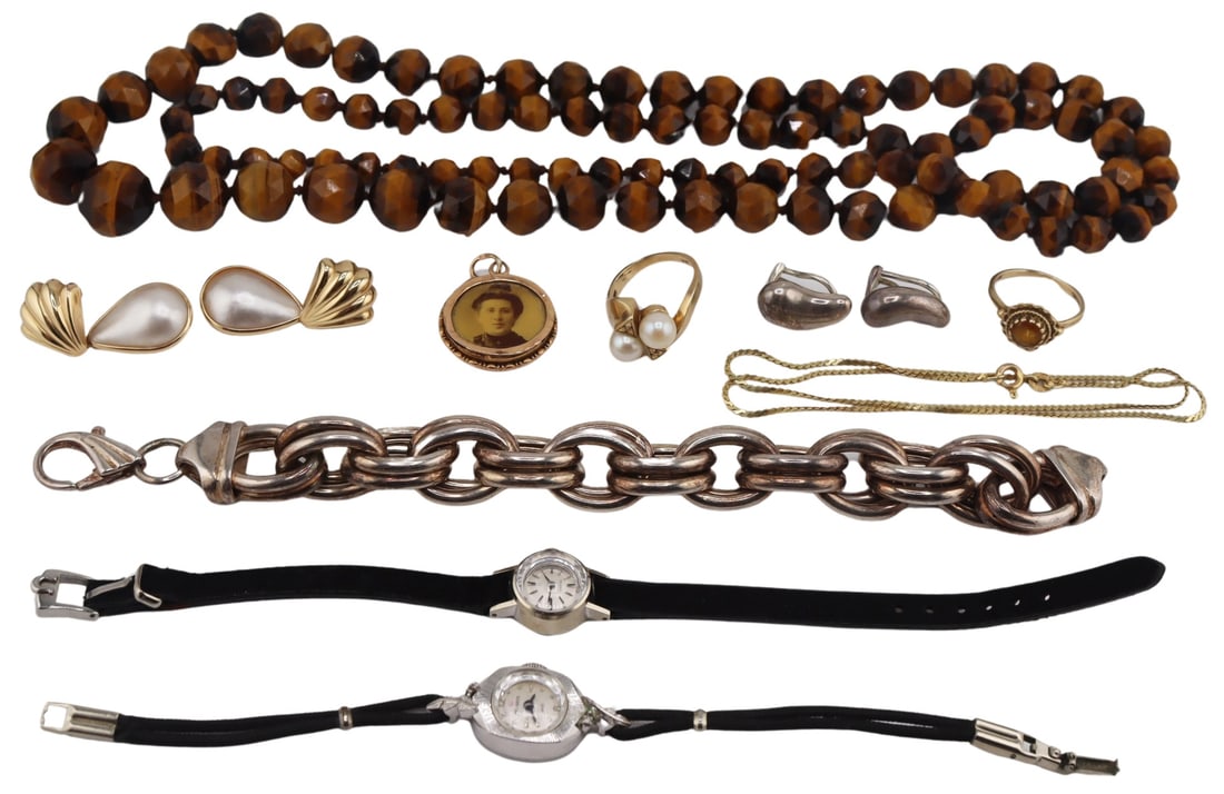 JEWELRY. Collection of Gold Silver and Gem Jewels.: Includes a graduated single strand necklace of faceted tiger's eye beads; a pair of Elsa Peretti for Tiffany & Co. sterling bean earrings; an Italian sterling oval link bracelet; a 14kt yellow gol