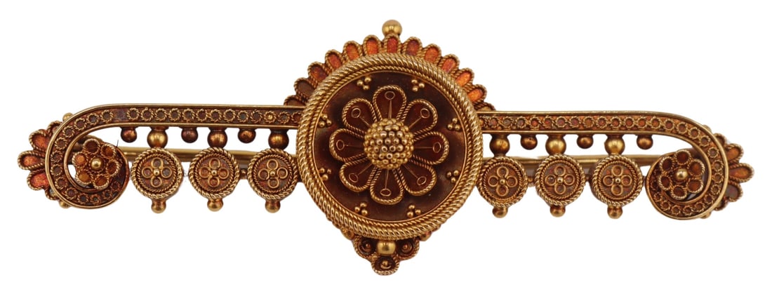 JEWELRY. Victorian Gold Granular Floral Bar Pin. (1 of 7)