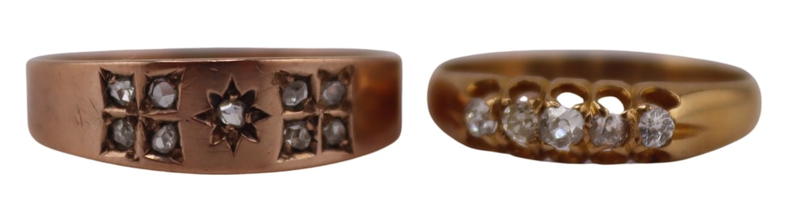 JEWELRY. (2) English Gold and Diamond Band Rings.: Includes a signed M&G English 18ct yellow gold band ring displaying (5) Old Mine cut diamonds - Birmingham, M&G, date letter of 1890, ring size - 5 3/4; and a signed L. Bros English 9ct yellow