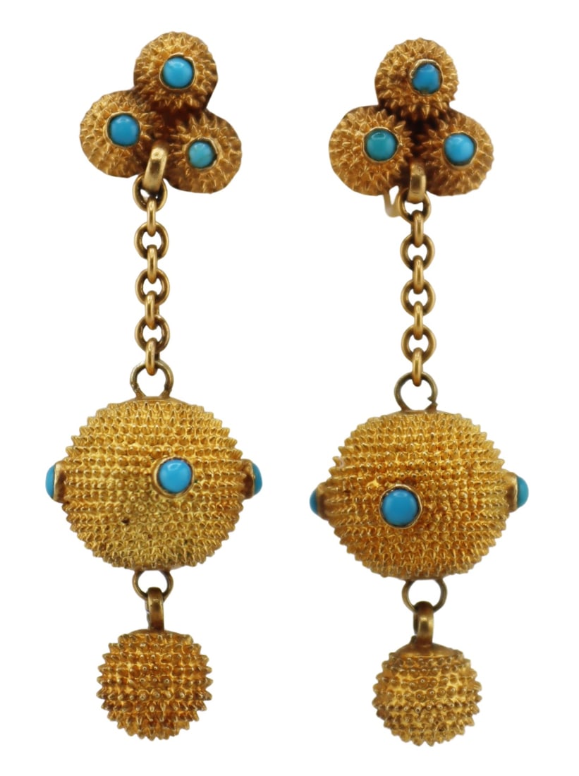 JEWELRY. Victorian 9ct Gold and Turquoise Earrings: Pair of Victorian 9ct yellow gold drop earrings comprised of a trefoil of granular circular pendants accented by central turquoise pendants suspending oval gold chain links and (2) tiered ball form gr