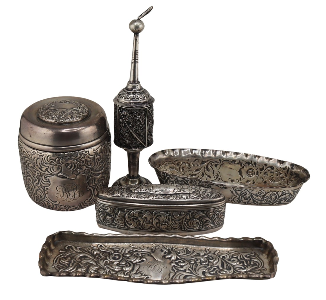 SILVER. Collection of Silver Objects Inc. Judaica.: Includes a 4 pc. monogrammed Whiting sterling vanity set included a lidded jar with chased scroll motif, no. 2596, (2) vanity trays, and a lidded oblong box. Accompanied by a signed Continental silver