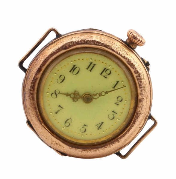 JEWELRY. 14K Gold Trench Style Watch.: This watch features a 14kt rose gold 28mm open face hinged watch case with fixed wire lugs, metal cuvette, an acrylic crystal, a white porcelain fancy dial with an Arabic numeral hours chapter, gold-t