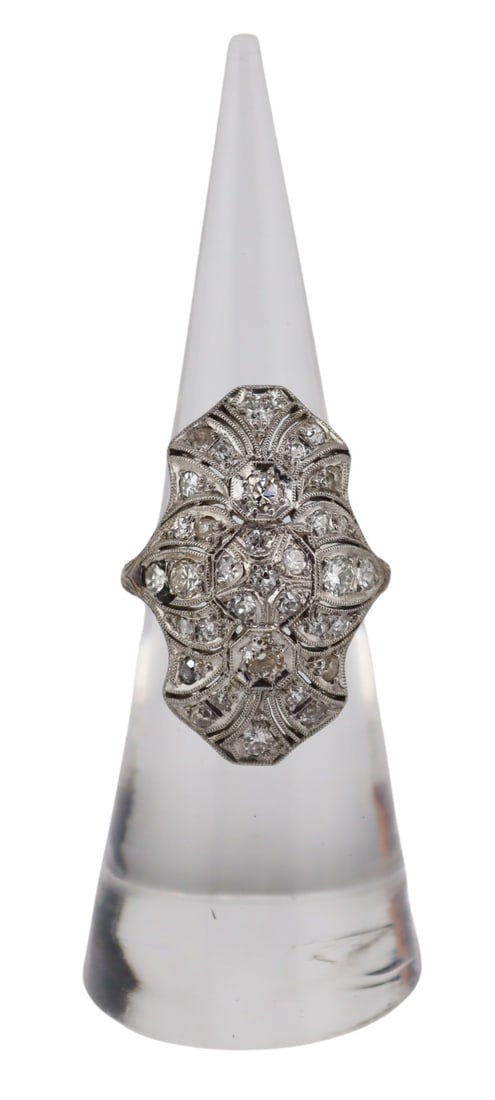 JEWELRY. Art Deco Filigree Diamond Cocktail Ring.: Art Deco platinum dipped 18kt white gold filigree cocktail ring displaying a total of (36) diamonds - both Old European cut and single cut diamonds. The (2) largest diamonds measure approx. 2.0mm each