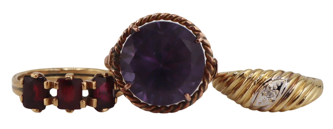 JEWELRY. (3) Gold Rings with Gems or Diamonds. (1 of 11)