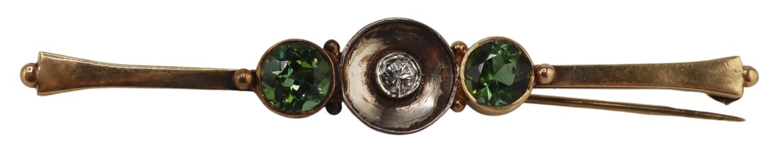 JEWELRY. 14kt, Silver, Gem and Diamond Bar Pin. (1 of 10)