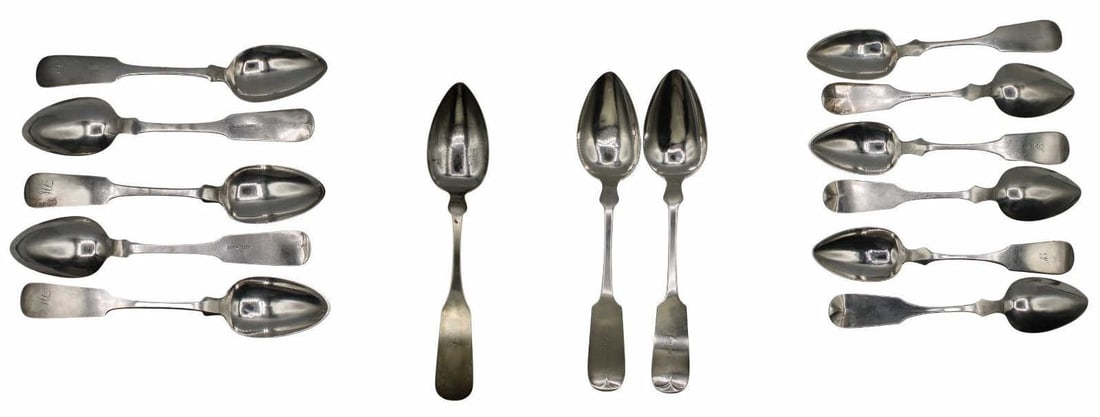 SILVER. (14) 19th C American Coin Silver Spoons.: Collection of (14) 19th century American coin silver spoons - split into smaller sets of various makers and sizes. (6) R&W Wilson monogrammed spoons - each stamped verso "R&W Wilson Phila