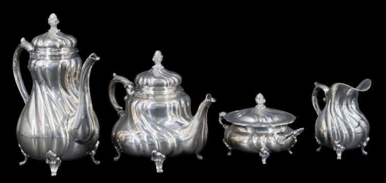 SILVER. (4) Pc. German .800 Silver Tea Service. (1 of 9)