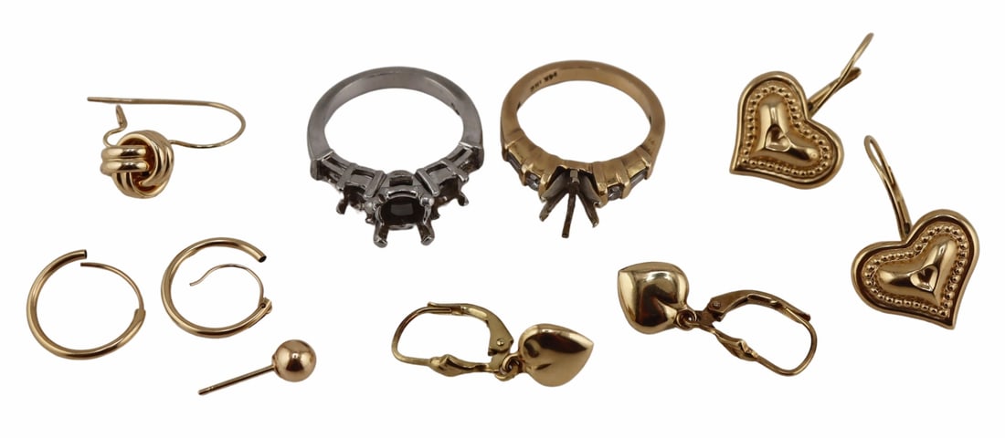 JEWELRY. Assorted Gold and Platinum Jewelry.: Includes a pair of 14kt yellow gold French back hollow heart earrings - dents present; a pair of 14kt yellow gold French back dangling heart earrings; a single lover's knot earring; a pair of small 10