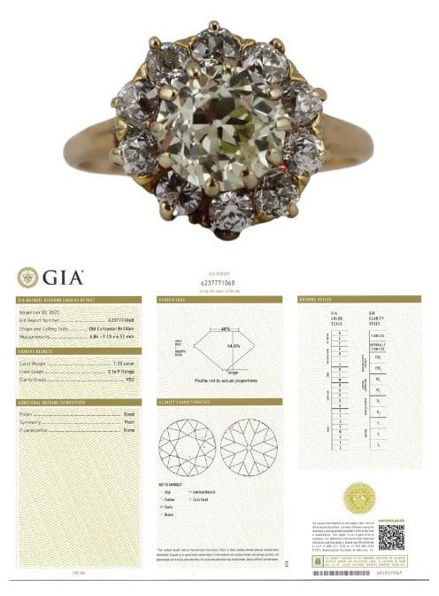 JEWELRY. GIA Old European Diamond Engagement Ring.: Antique 14kt yellow gold ring displaying a central 10kt yellow gold prong-set faint yellow Old European cut diamond with a diamond surround consisting of (8) Old European cut white diamonds and two re