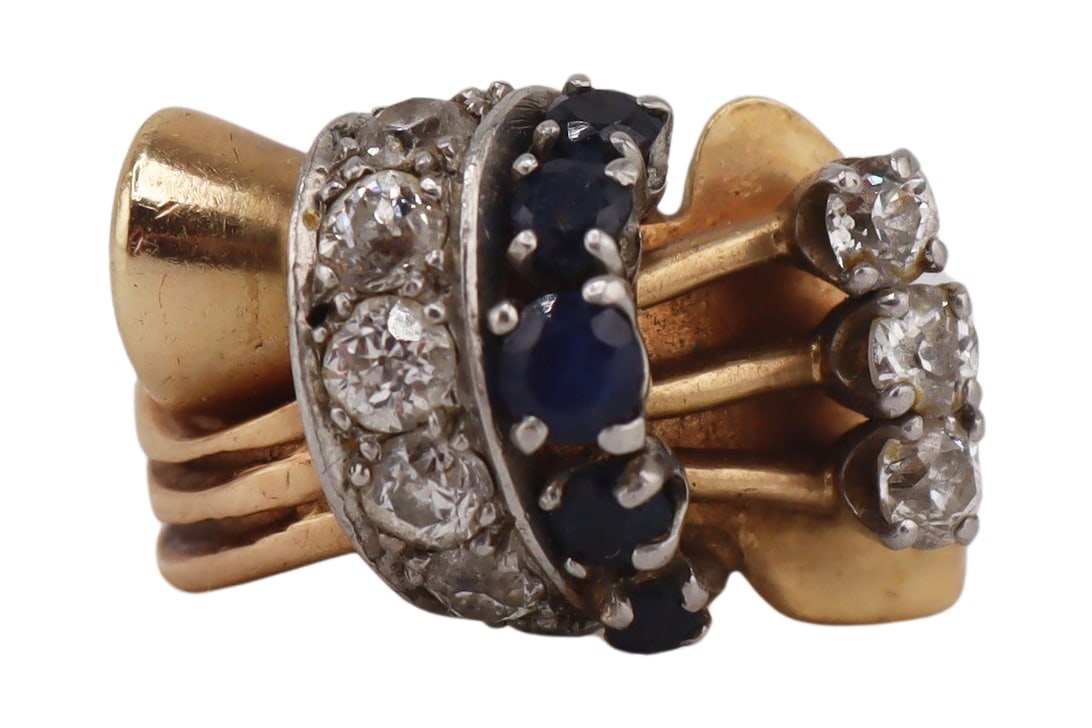 JEWELRY. Vintage Sapphire and Diamond Ring.: Retro/Vintage 13.5kt yellow gold ring displaying a tapered band of (5) prong-set round faceted sapphires, a platinum band of (7) Old European cut diamonds, and (3) prong-set Old European cut diamonds.