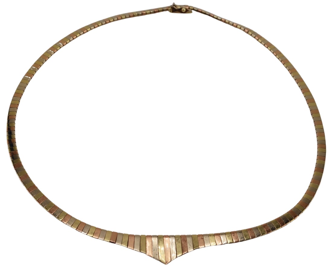 JEWELRY. Signed RCV Italian 14kt Tri-Color Gold: Necklace. Signed RCV Italian yellow gold, rose gold, and white gold articulated necklace. Stamped, "14kt Italy RCV". Total approx. weight of the necklace is 13.0 dwt (gross). From a Larchmon