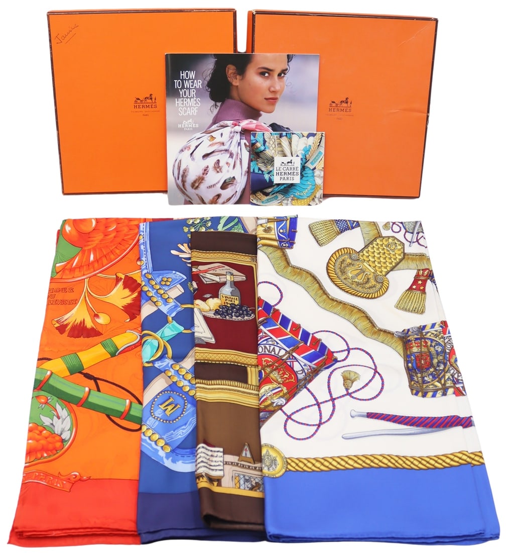 COUTURE. Collection of (3) Hermes Silk Scarves.: Includes (1) Hermes "Daimyo Princes du Soleil Levant" silk scarf designed by Francoise Faconnet; (1) Hermes "Aux Champs" silk scarf designed by Caty Latham; and (1) Hermes "Le