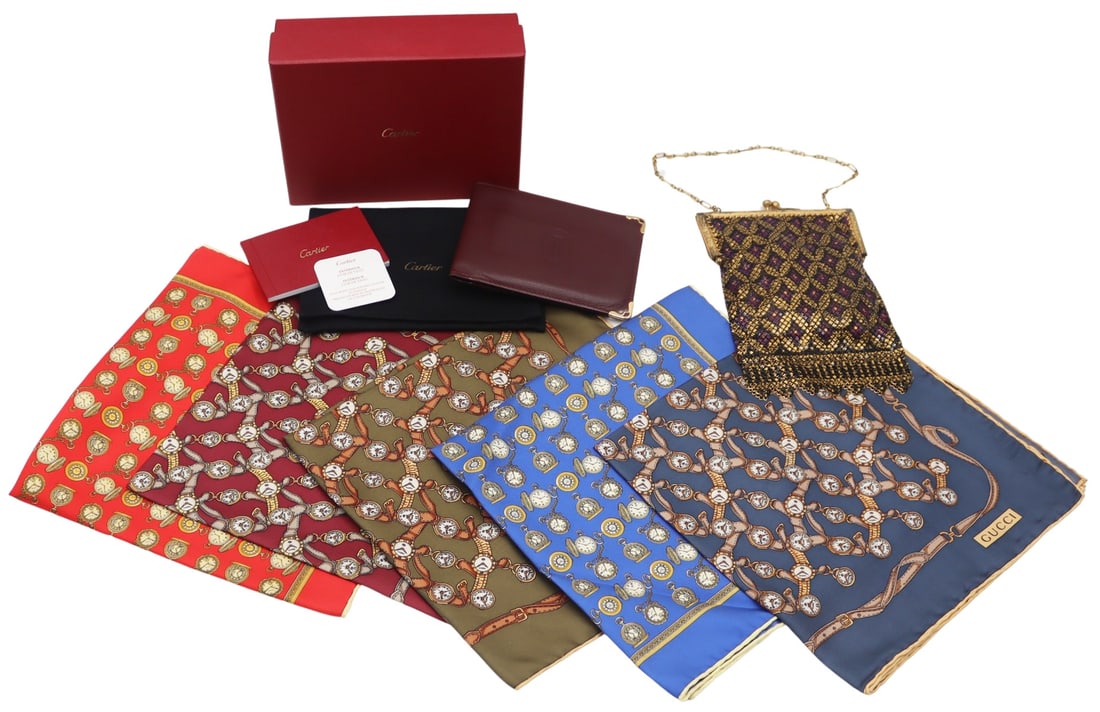 COUTURE. Group of Couture Inc. Gucci and Cartier.: Includes (5) Gucci silk scarves decorated with wristwatches - all in assorted colors; a Mandalian Mfg Co. mesh purse in geometric pattern and with gold-tone purse frame; and a "like new" Car