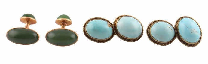 JEWELRY. 14kt Gold and .800 Silver Cufflinks.: Including a pair of 14kt yellow gold ball return cufflinks fitted with oblong green gem cabochons - stamped, "14K"; and a pair of .800 silver cufflinks fitted with turquoise cabochons - stam