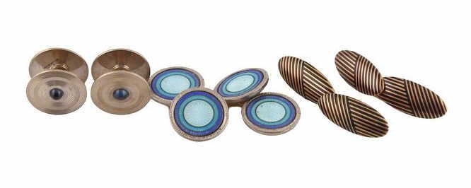 JEWELRY. (2) Assorted Pair of 14kt Gold Cufflinks.: Including a pair of unmarked 14kt yellow gold and enamel oblong chain link style cufflinks subsequently gilded with a high-karat gold finish; and a pair of 14kt white gold stud cufflinks with central 